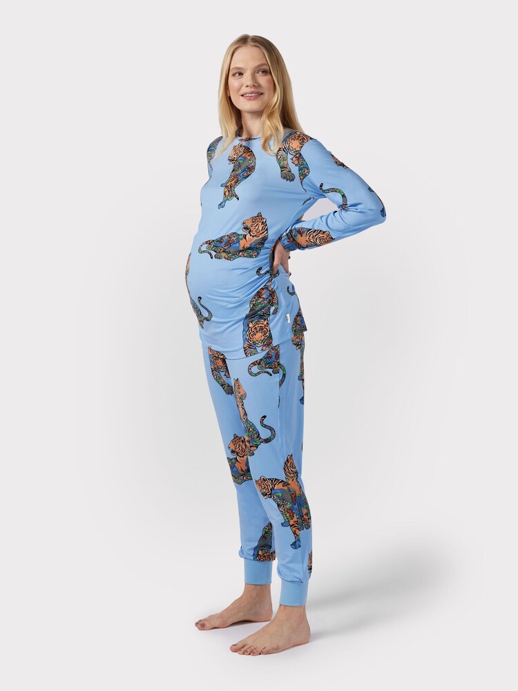 Chelsea Peers Blue Maternity Lotus Tiger Print Long Pyjama Set - Image 1 of 5