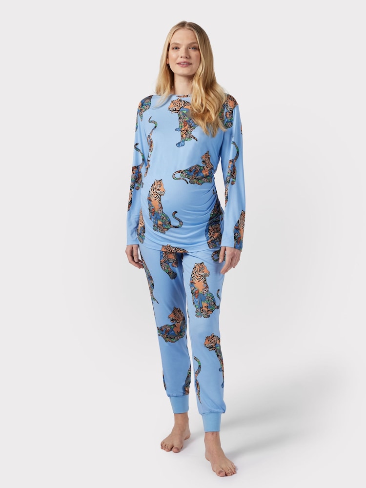 Chelsea Peers Blue Maternity Lotus Tiger Print Long Pyjama Set - Image 2 of 5