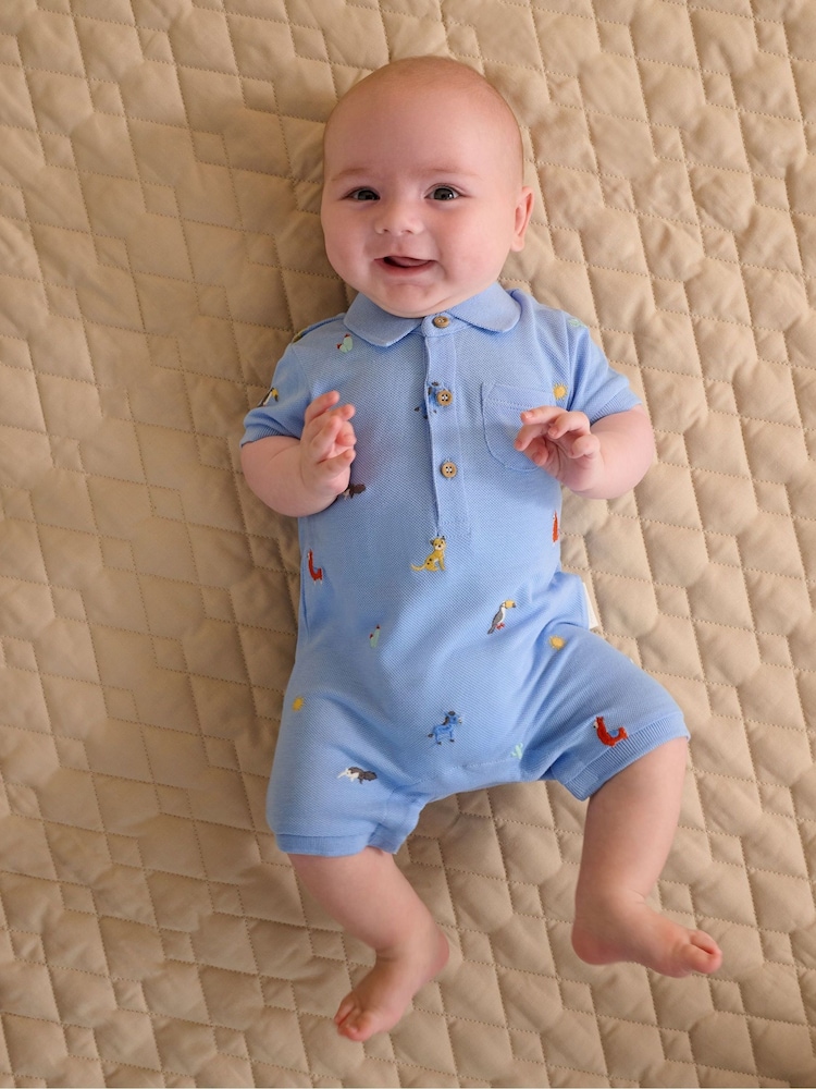 Purebaby Blue Embroidered Polo Romper - Image 1 of 6