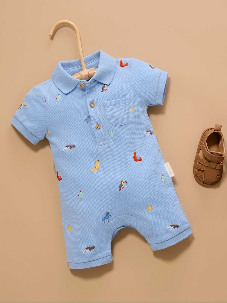 Purebaby Blue Embroidered Polo Romper - Image 2 of 6