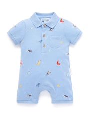 Purebaby Blue Embroidered Polo Romper - Image 3 of 6