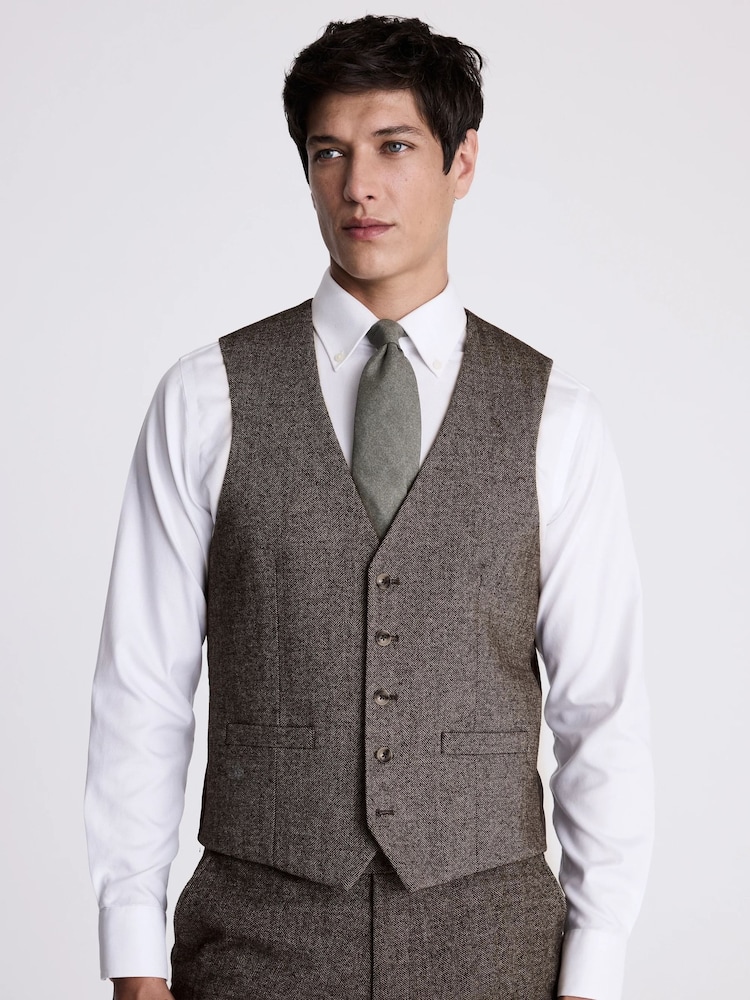 MOSS Brown Slim Fit Tweed Waistcoat - Image 1 of 4
