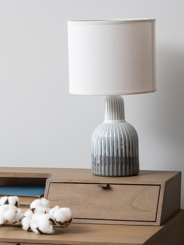 Libra Interiors Grey/Ecru/Blue Porcelain Lamp with Ribbed Detailing - Image 1 of 2