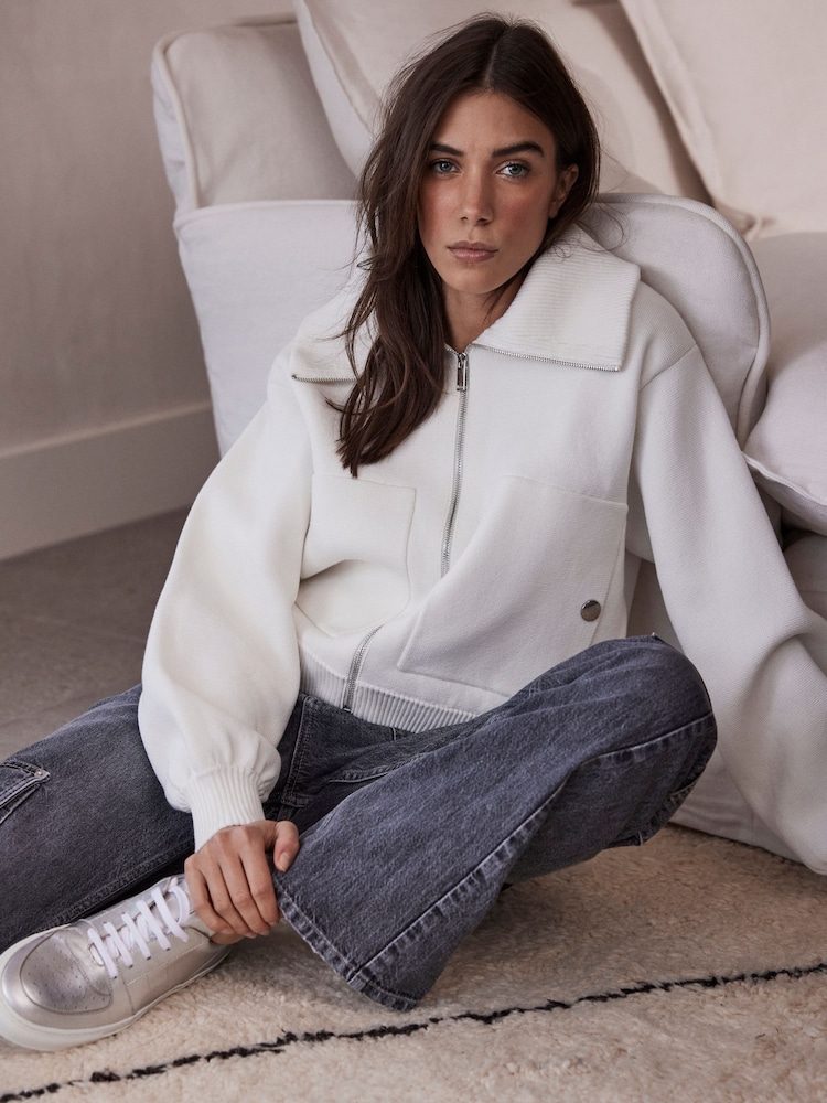 Mint Velvet White Cotton Bomber Jacket - Image 2 of 4 Mint Velvet White Cotton Bomber Jacket - Image 2 of 4