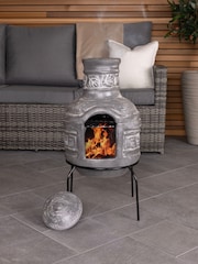 Charles Bentley Grey Garden Leaf Motif Clay Chimenea With BBQ Grill - Image 1 of 4