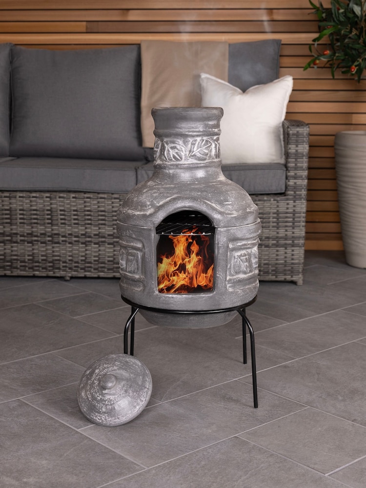 Charles Bentley Grey Garden Leaf Motif Clay Chimenea With BBQ Grill - Image 1 of 4