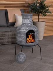 Charles Bentley Grey Garden Leaf Motif Clay Chimenea With BBQ Grill - Image 2 of 4