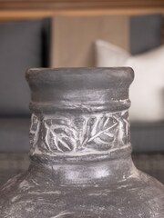 Charles Bentley Grey Garden Leaf Motif Clay Chimenea With BBQ Grill - Image 3 of 4