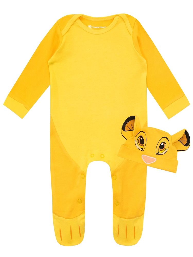 Character Yellow Baby Lion King 100% Cotton Sleepsuit and Hat Set - Image 1 of 3