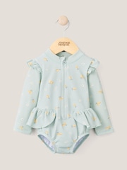 Mamas & Papas Blue Lemon Print Textured Long Sleeve Frill Swimsuit - Image 1 of 2