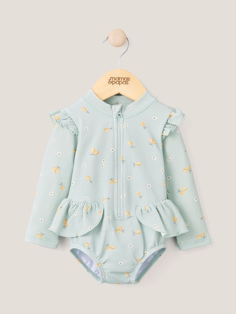 Mamas & Papas Blue Lemon Print Textured Long Sleeve Frill Swimsuit - Image 1 of 2