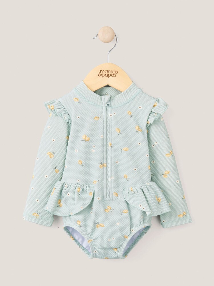 Mamas & Papas Blue Lemon Print Textured Long Sleeve Frill Swimsuit - Image 1 of 2 Mamas & Papas Blue Lemon Print Textured Long Sleeve Frill Swimsuit - Image 1 of 2