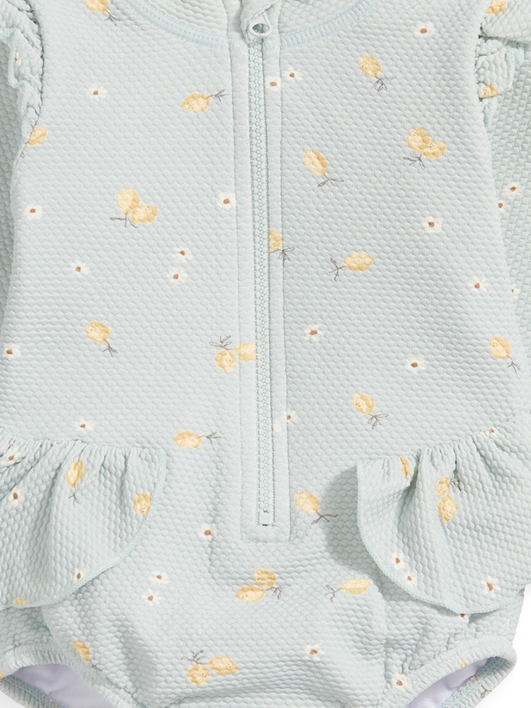 Mamas & Papas Blue Lemon Print Textured Long Sleeve Frill Swimsuit - Image 2 of 2