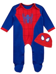 Character Blue/Red Baby Spiderman 100% Cotton Sleepsuit and Hat Set - Image 1 of 3