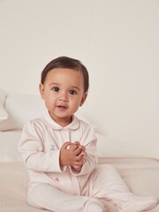 The White Company Pink 100% Cotton Hoppy Bunny Embroidered Collared Sleepsuit - Image 1 of 4