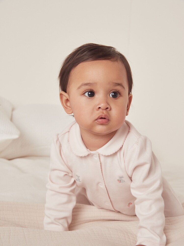 The White Company Pink 100% Cotton Hoppy Bunny Embroidered Collared Sleepsuit - Image 2 of 4