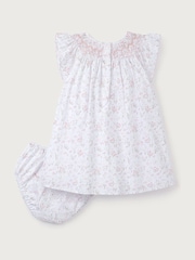 The White Company Celine 100% Cotton Hand Smocked Frill Sleeve White Dress - Image 4 of 6