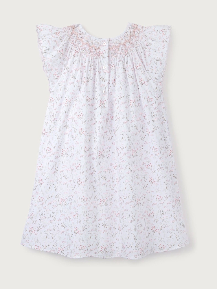 The White Company Celine 100% Cotton Hand Smocked Frill Sleeve White Dress - Image 6 of 6