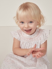 The White Company Celine 100% Cotton Hand Smocked Frill Sleeve White Dress - Image 1 of 6