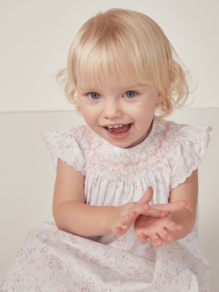 The White Company Celine 100% Cotton Hand Smocked Frill Sleeve White Dress - Image 1 of 6