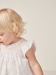 The White Company Celine 100% Cotton Hand Smocked Frill Sleeve White Dress - Image 2 of 6