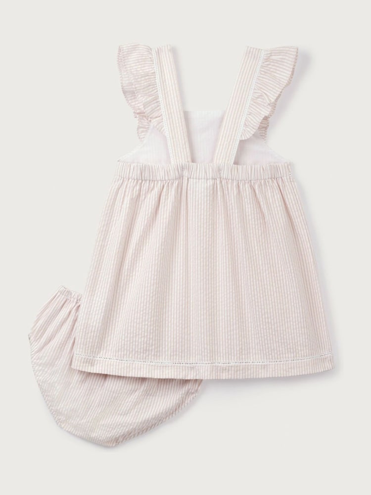 The White Company Pink 100% Cotton Seersucker Stripe Ruffle Pinafore Dress - Image 4 of 4