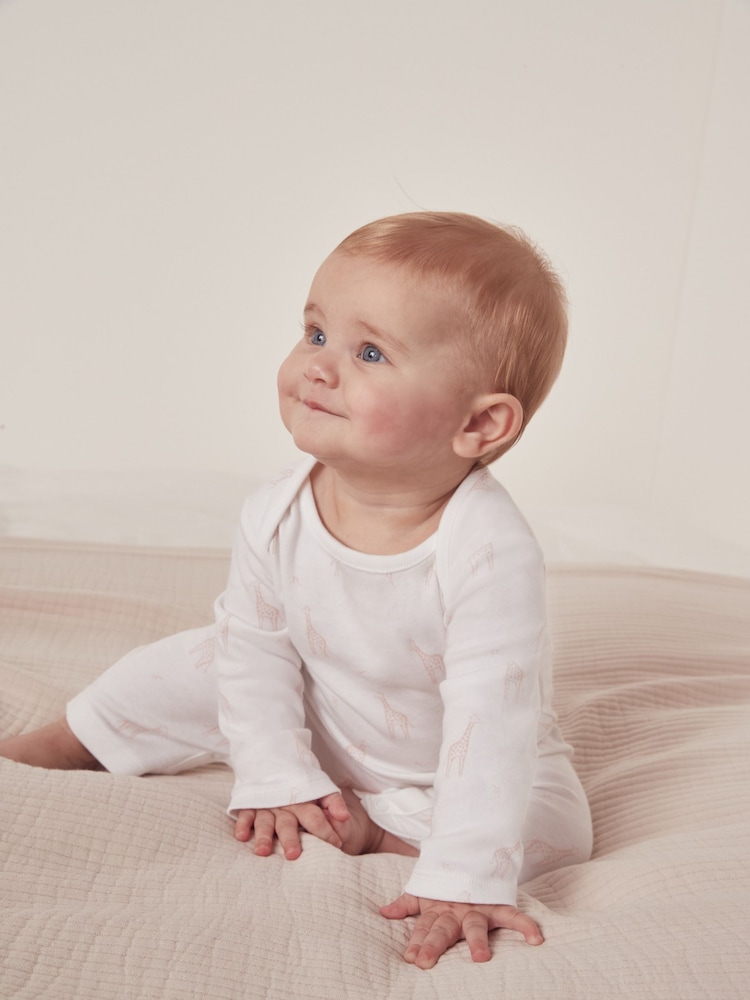 The White Company 100% Cotton Giraffe Print White Sleepsuit - Image 1 of 4 The White Company 100% Cotton Giraffe Print White Sleepsuit - Image 1 of 4