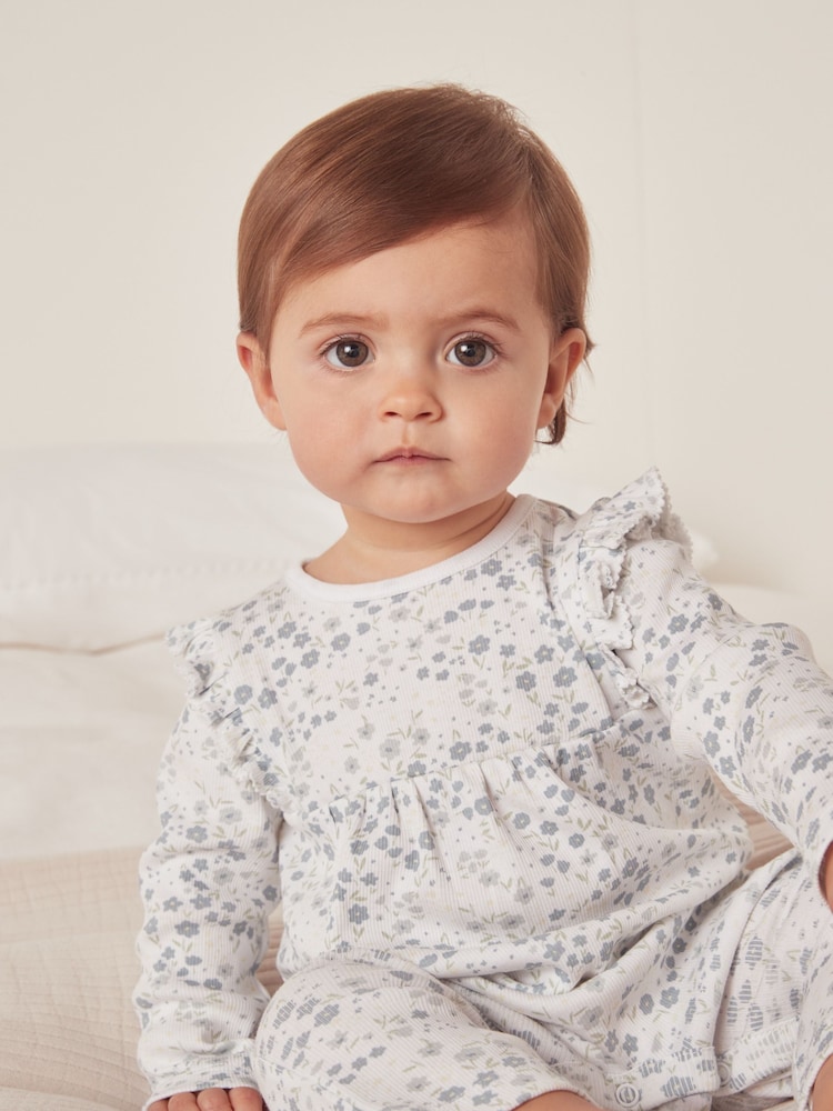 The White Company Organic Cotton Edie Floral Frill Yoke White Sleepsuit - Image 1 of 4