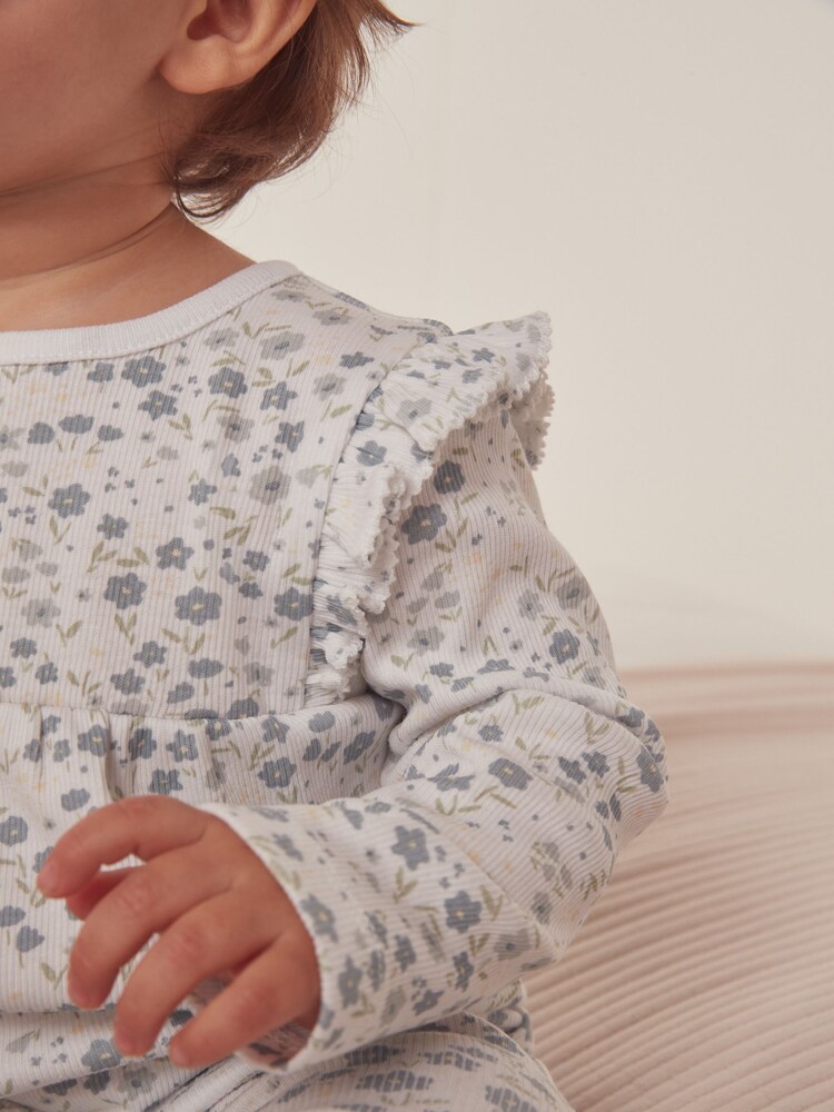 The White Company Organic Cotton Edie Floral Frill Yoke White Sleepsuit - Image 2 of 4