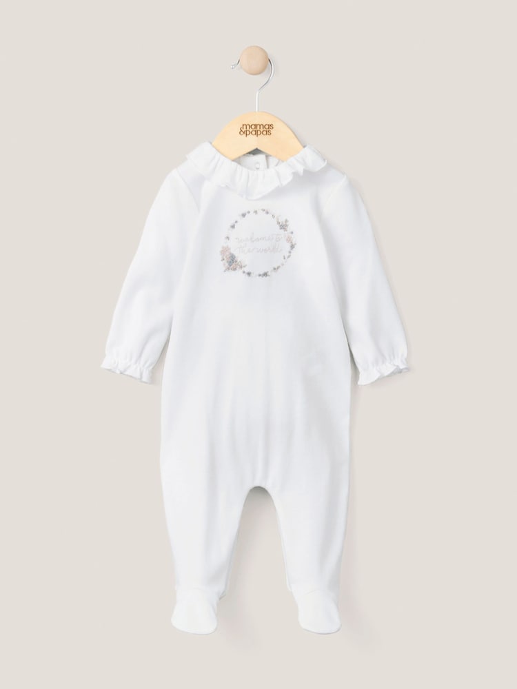 Mamas & Papas 100% Cotton Welcome to the World Embroidered White Sleepsuit - Image 1 of 3