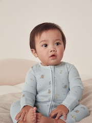 The White Company Blue 100% Cotton Honey Bear Print Zip Sleepsuit - Image 1 of 4
