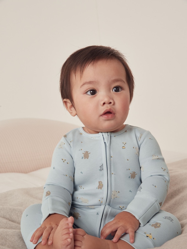 The White Company Blue 100% Cotton Honey Bear Print Zip Sleepsuit - Image 1 of 4