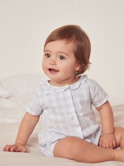 The White Company Blue Cotton Floral Embroidered Gingham Shortie Sleepsuit - Image 1 of 4