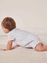 The White Company Blue Cotton Floral Embroidered Gingham Shortie Sleepsuit - Image 2 of 4