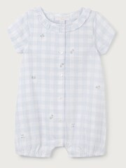 The White Company Blue Cotton Floral Embroidered Gingham Shortie Sleepsuit - Image 3 of 4