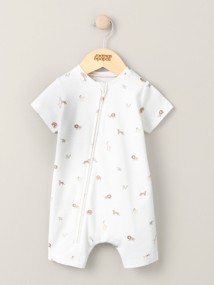 Mamas & Papas Cream Safari Print Zip Shortie 100% Cotton Romper - Image 1 of 4