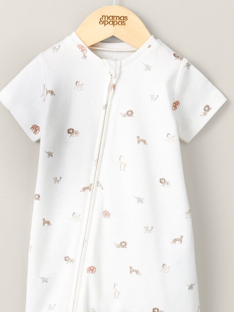 Mamas & Papas Cream Safari Print Zip Shortie 100% Cotton Romper - Image 2 of 4