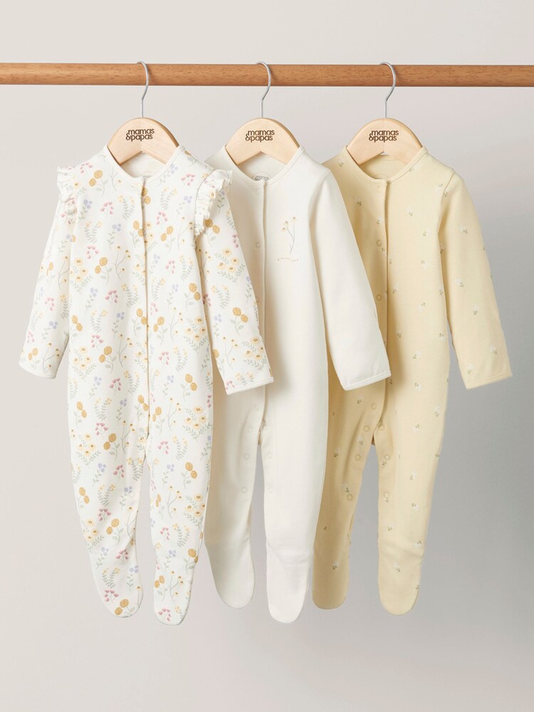 Mamas & Papas Yellow Botanical Garden 100% Cotton Sleepsuits 3 Pack - Image 1 of 3