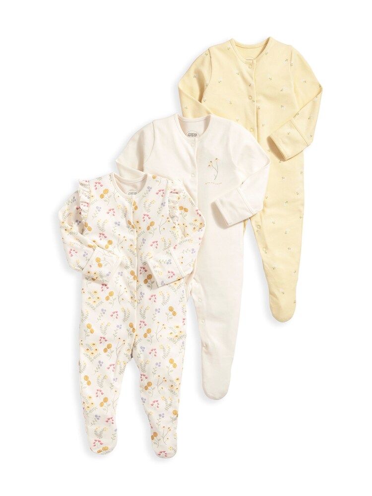 Mamas & Papas Yellow Botanical Garden 100% Cotton Sleepsuits 3 Pack - Image 2 of 3