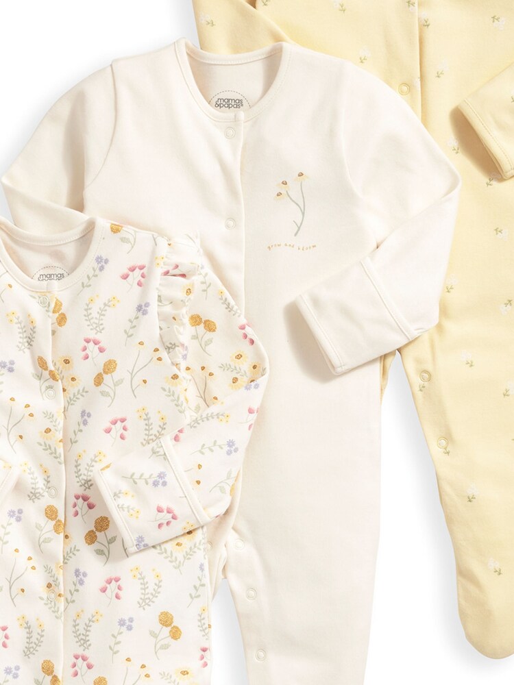 Mamas & Papas Yellow Botanical Garden 100% Cotton Sleepsuits 3 Pack - Image 3 of 3