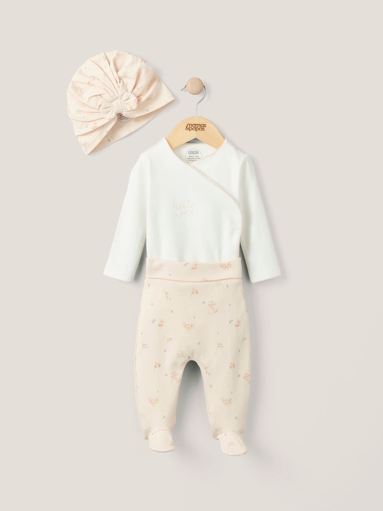 Mamas & Papas Pink 3 Piece Floral My First Outfit 100% Cotton Set - Image 1 of 5
