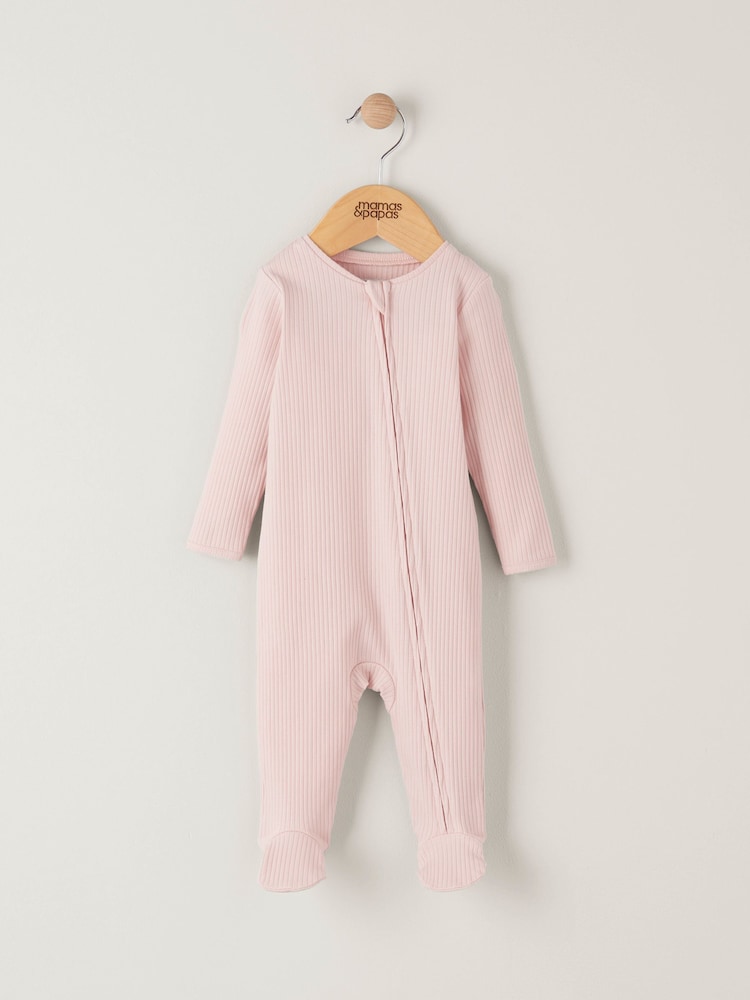 Mamas & Papas Pink Organic Rib Pink Zip Sleepsuit - Image 1 of 3