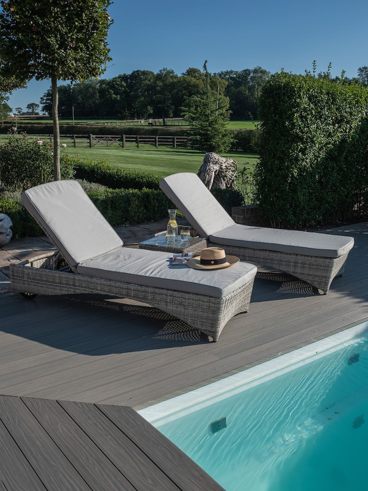 Maze Light Grey Garden Oxford Rattan 3 Piece Sunlounger Set - Image 1 of 6
