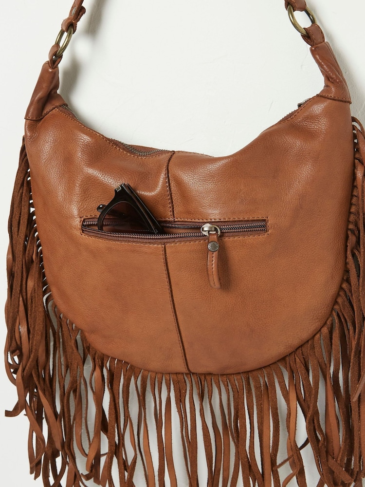 FatFace Dawson Brown Crescent Leather Tassel Bag - Image 4 of 4