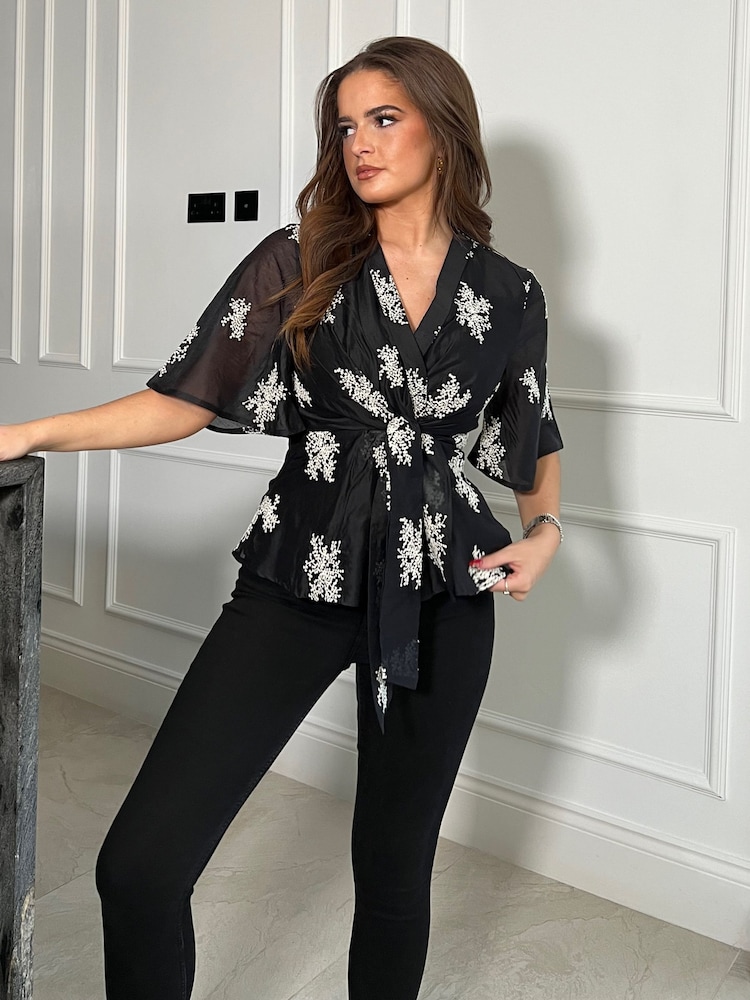 Girl In Mind Black Floral Brooke Wrap Tie Detail Top - Image 1 of 4 Girl In Mind Black Floral Brooke Wrap Tie Detail Top - Image 1 of 4