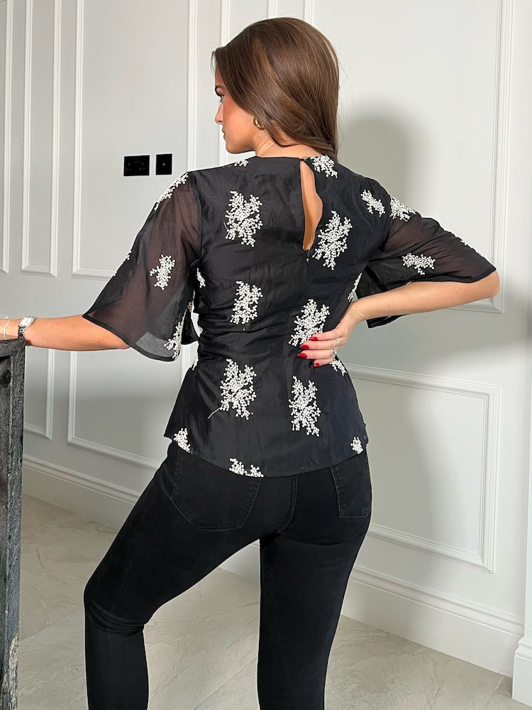 Girl In Mind Black Floral Brooke Wrap Tie Detail Top - Image 4 of 4 Girl In Mind Black Floral Brooke Wrap Tie Detail Top - Image 4 of 4