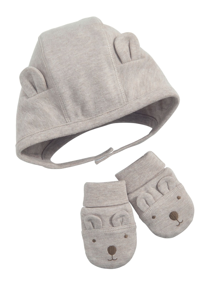 Mamas & Papas Grey 2 Piece Bear Ear Hat & Mittens Set - Image 1 of 3