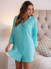 Pour Moi Blue Woven Double Cloth Revere Collar Oversized 100% Cotton Shirt - Image 1 of 5