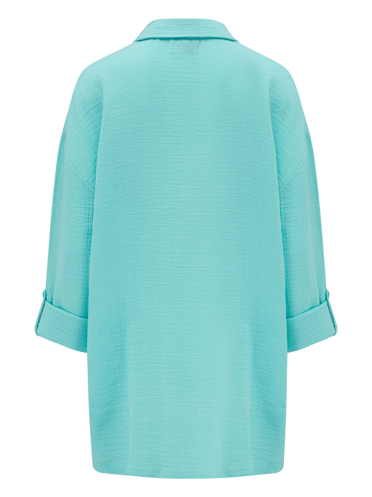 Pour Moi Blue Woven Double Cloth Revere Collar Oversized 100% Cotton Shirt - Image 5 of 5