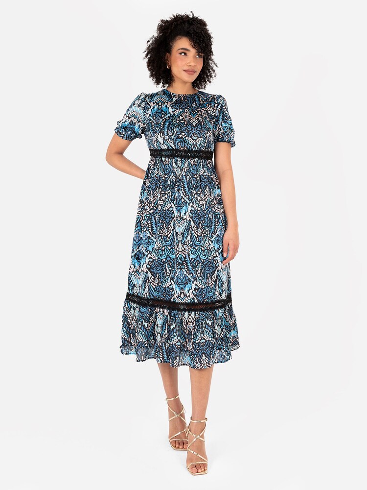 Puff Sleeve Tiered Hem Midi Dress With Frills - Image 1 of 3 Puff Sleeve Tiered Hem Midi Dress With Frills - Image 1 of 3